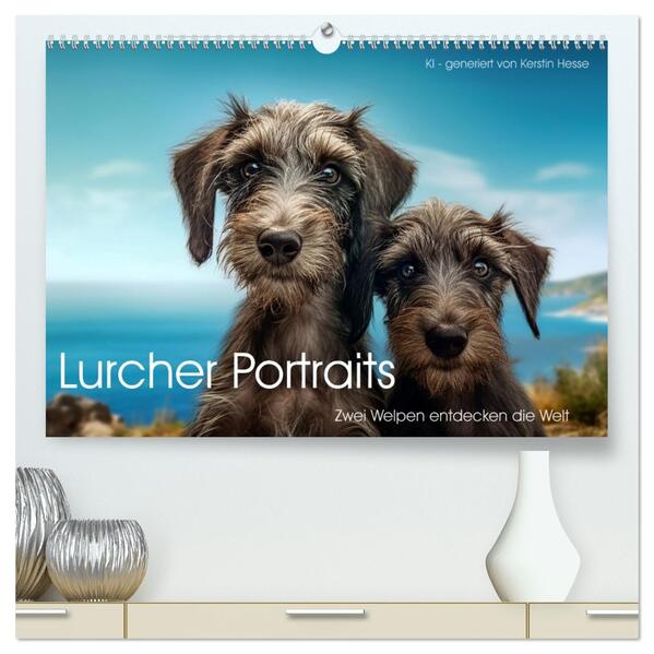Lurcher Portraits - Zwei Welpen entdecken die Welt (hochwertiger Premium Wandkalender 2026 DIN A2 quer) Kunstdruck in Hochglanz