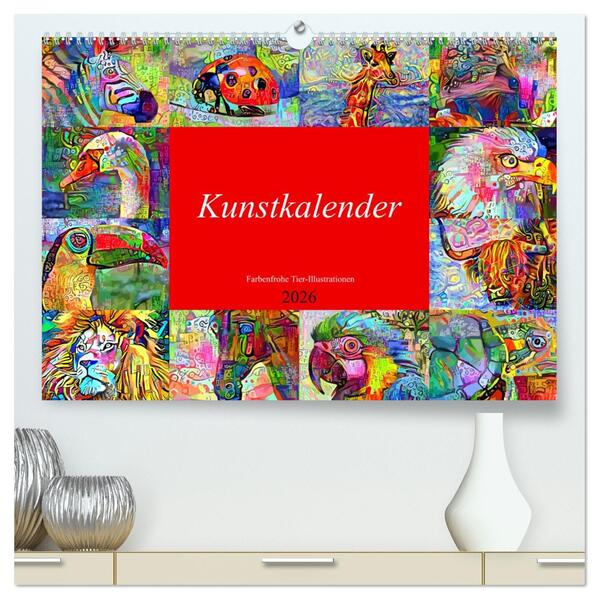 Kunstkalender. Farbenfrohe Tier-Illustrationen (hochwertiger Premium Wandkalender 2026 DIN A2 quer) Kunstdruck in Hochglanz