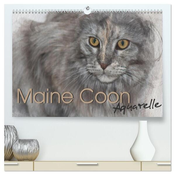 Maine Coon Aquarelle (hochwertiger Premium Wandkalender 2026 DIN A2 quer) Kunstdruck in Hochglanz