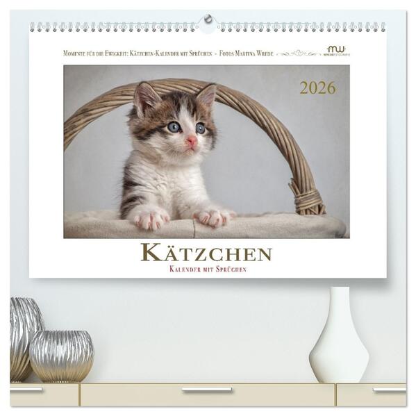 Kätzchen-Kalender mit Sprüchen (hochwertiger Premium Wandkalender 2026 DIN A2 quer) Kunstdruck in Hochglanz