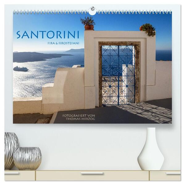 Santorini Fira & Firostefani (hochwertiger Premium Wandkalender 2026 DIN A2 quer) Kunstdruck in Hochglanz