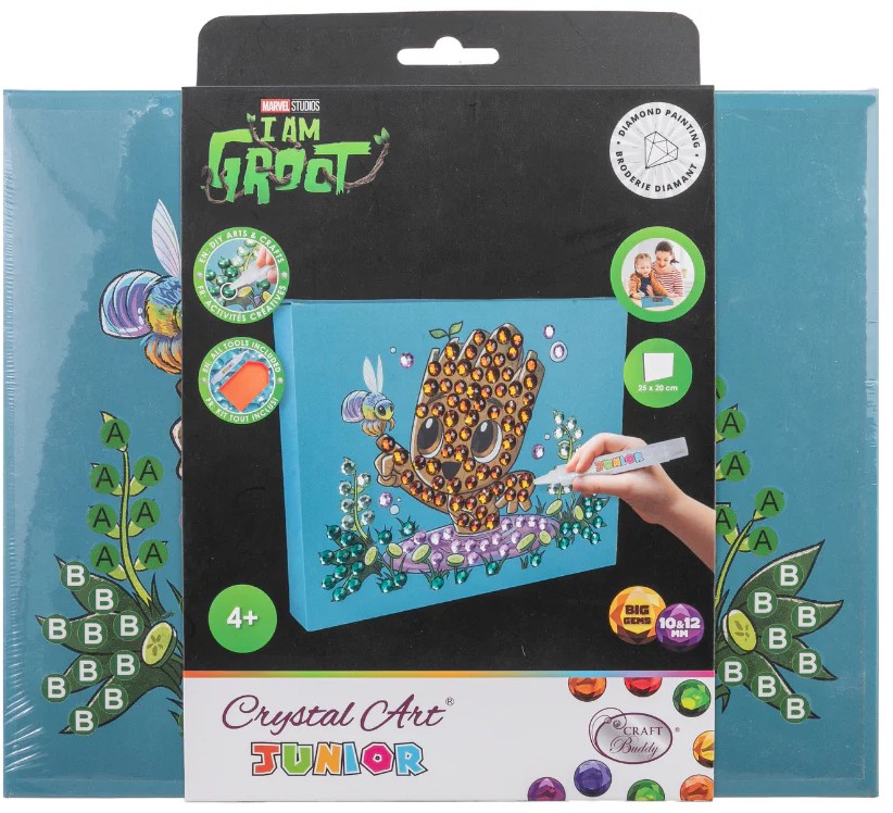 Craft Buddy CAJK-31MCU007 - Crystal Art Junior Marvel Groot Canvas Kit Bastelset mit Keilrahmen Diamond Painting