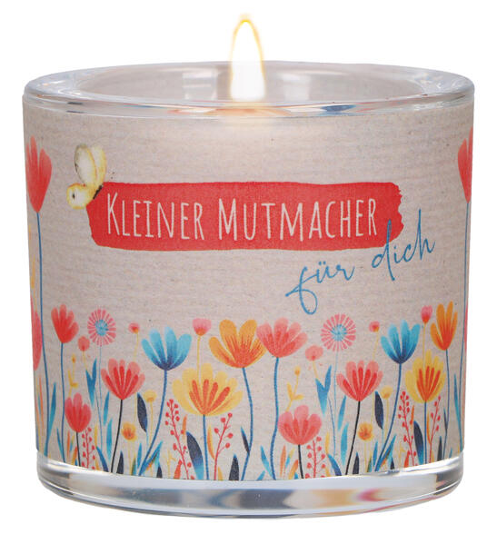 Butzon & Bercker Glaswindlicht mit Blumenmotiv Ø 65 cm - farbig bedrucktes Windlicht Lieferung mit Teelicht liebevolles Geschenk für Mut und Zuversicht Geschenkverpackung