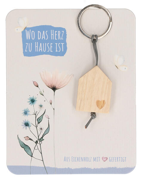 Butzon & Bercker Holz-Schlüsselanhänger 105 x 3 cm - aus unbehandeltem Eichenholz mit Herz-Lasergravur graues Lederband Lieferung auf Backcard mit warmer Botschaft