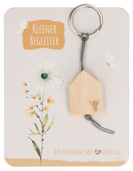 Butzon & Bercker Holz-Schlüsselanhänger Kleiner Begleiter 105 x 3 cm - aus unbehandeltem Eichenholz mit Engel-Lasergravur graues Lederband Lieferung auf Backcard mit Zuspruch