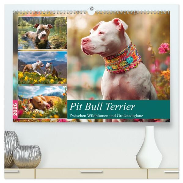 Pit Bull Terrier. Zwischen Wildblumen und Großstadtglanz (hochwertiger Premium Wandkalender 2026 DIN A2 quer) Kunstdruck in Hochglanz