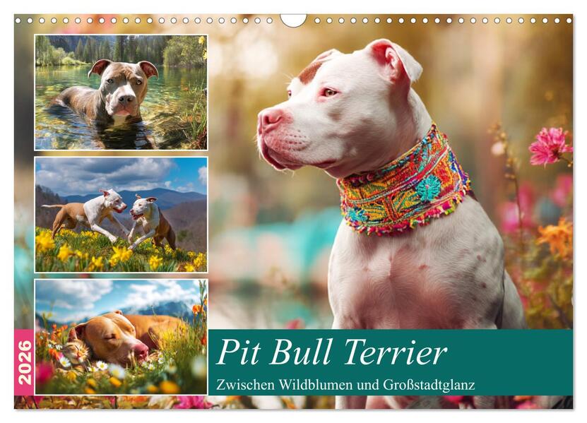 Pit Bull Terrier. Zwischen Wildblumen und Großstadtglanz (Wandkalender 2026 DIN A3 quer) CALVENDO Monatskalender