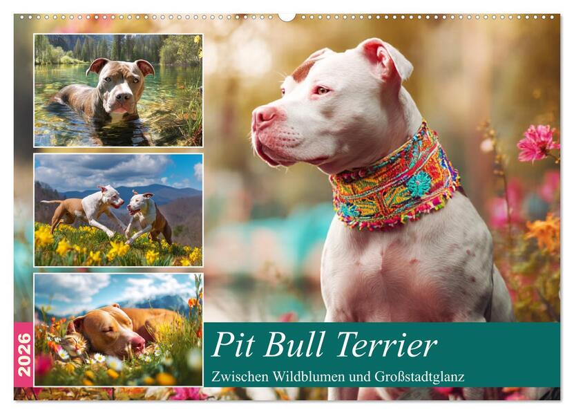 Pit Bull Terrier. Zwischen Wildblumen und Großstadtglanz (Wandkalender 2026 DIN A2 quer) CALVENDO Monatskalender