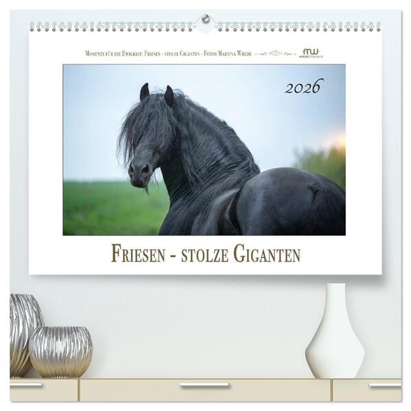 Friesen - stolze Giganten (hochwertiger Premium Wandkalender 2026 DIN A2 quer) Kunstdruck in Hochglanz