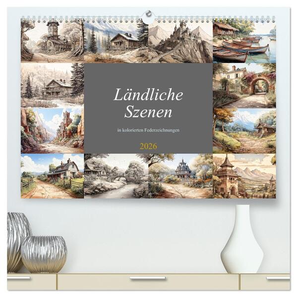 Ländliche Szenen in kolorierten Federzeichnungen (hochwertiger Premium Wandkalender 2026 DIN A2 quer) Kunstdruck in Hochglanz