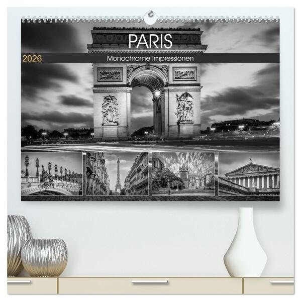 PARIS Monochrome Impressionen (hochwertiger Premium Wandkalender 2026 DIN A2 quer) Kunstdruck in Hochglanz