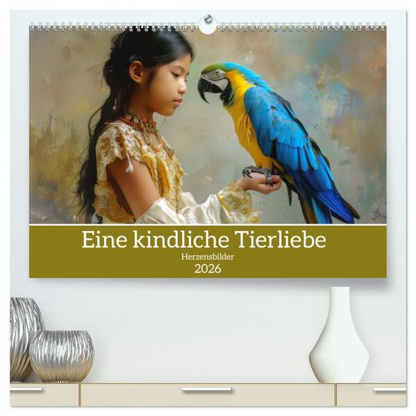 Eine kindliche Tierliebe - Herzensbilder (hochwertiger Premium Wandkalender 2026 DIN A2 quer) Kunstdruck in Hochglanz