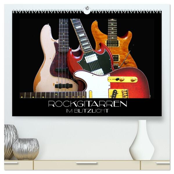Rockgitarren im Blitzlicht (hochwertiger Premium Wandkalender 2026 DIN A2 quer) Kunstdruck in Hochglanz