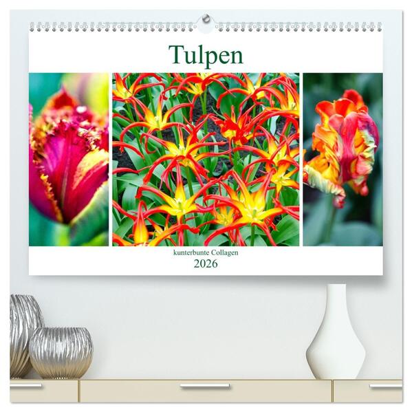 Tulpen - kunterbunte Collagen (hochwertiger Premium Wandkalender 2026 DIN A2 quer) Kunstdruck in Hochglanz