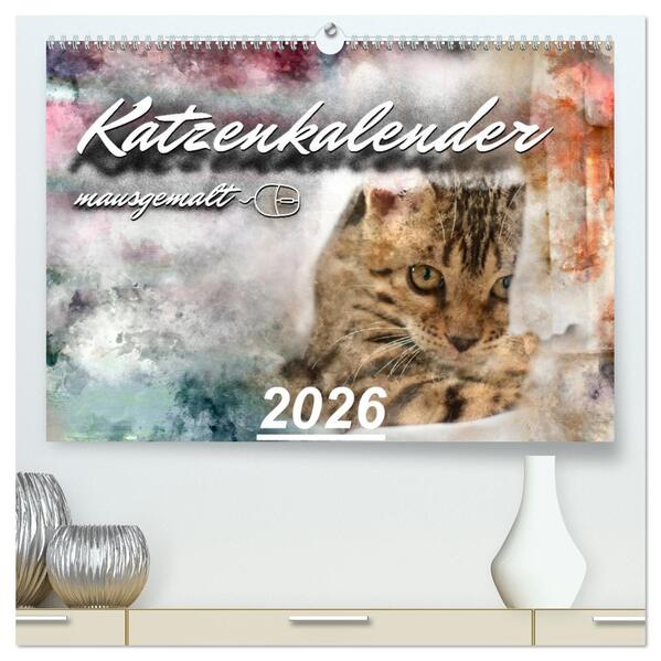 Katzenkalender mausgemalt (hochwertiger Premium Wandkalender 2026 DIN A2 quer) Kunstdruck in Hochglanz