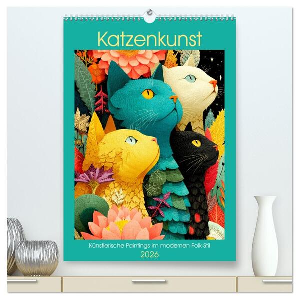 Katzenkunst. Künstlerische Paintings im modernen Folk-Stil (hochwertiger Premium Wandkalender 2026 DIN A2 hoch) Kunstdruck in Hochglanz