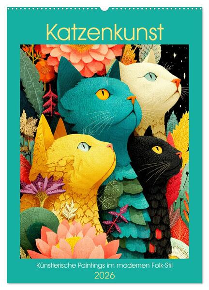 Katzenkunst. Künstlerische Paintings im modernen Folk-Stil (Wandkalender 2026 DIN A2 hoch) CALVENDO Monatskalender