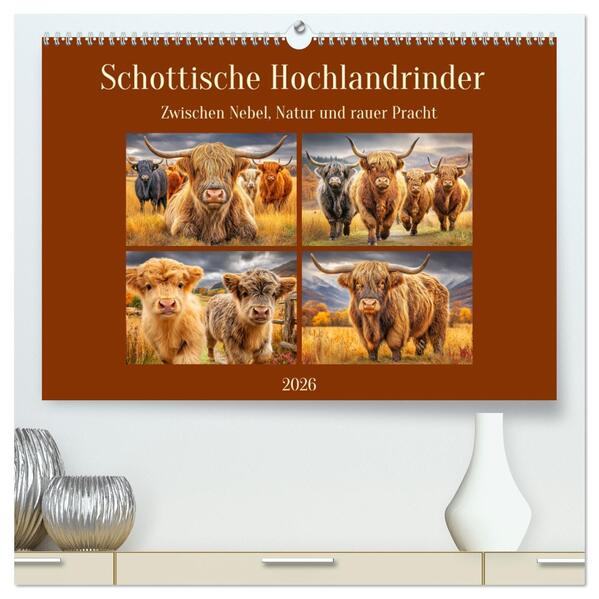 Schottische Hochlandrinder. Zwischen Nebel Natur und rauer Pracht (hochwertiger Premium Wandkalender 2026 DIN A2 quer) Kunstdruck in Hochglanz