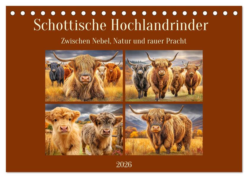 Schottische Hochlandrinder. Zwischen Nebel Natur und rauer Pracht (Tischkalender 2026 DIN A5 quer) CALVENDO Monatskalender