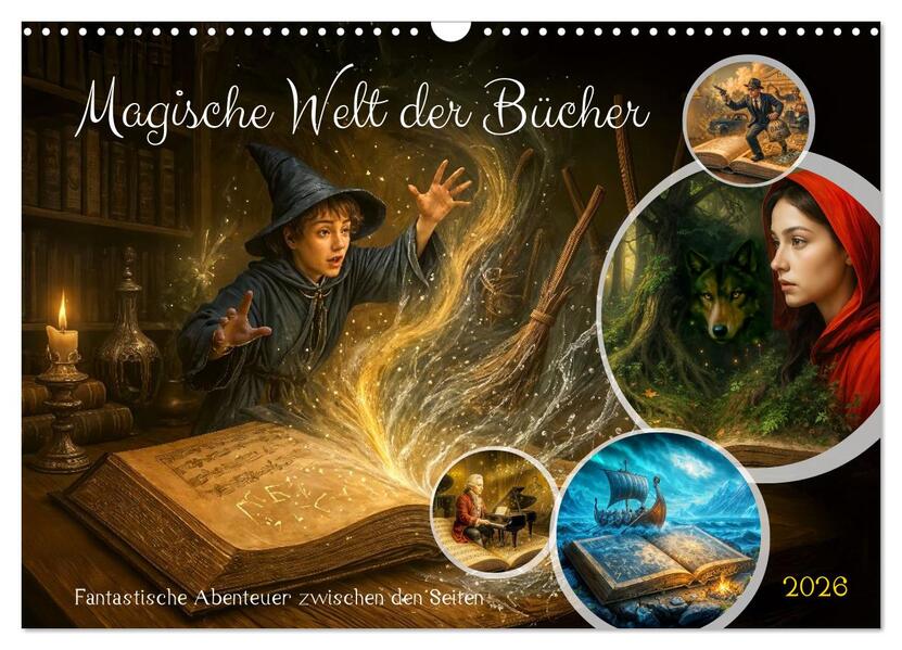 Magische Welt der Bücher - Fantastische Abenteuer zwischen den Seiten (Wandkalender 2026 DIN A3 quer) CALVENDO Monatskalender