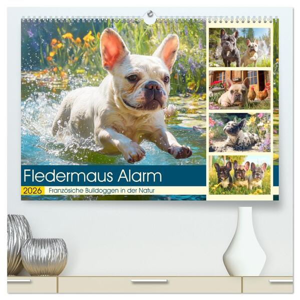 Fledermaus Alarm. Französiche Bulldoggen in der Natur (hochwertiger Premium Wandkalender 2026 DIN A2 quer) Kunstdruck in Hochglanz