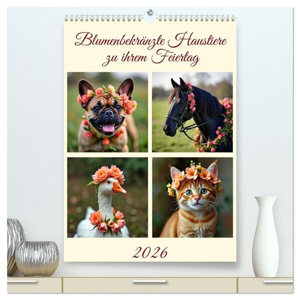 Blumenbekränzte Haustiere zu ihrem Feiertag (hochwertiger Premium Wandkalender 2026 DIN A2 hoch) Kunstdruck in Hochglanz