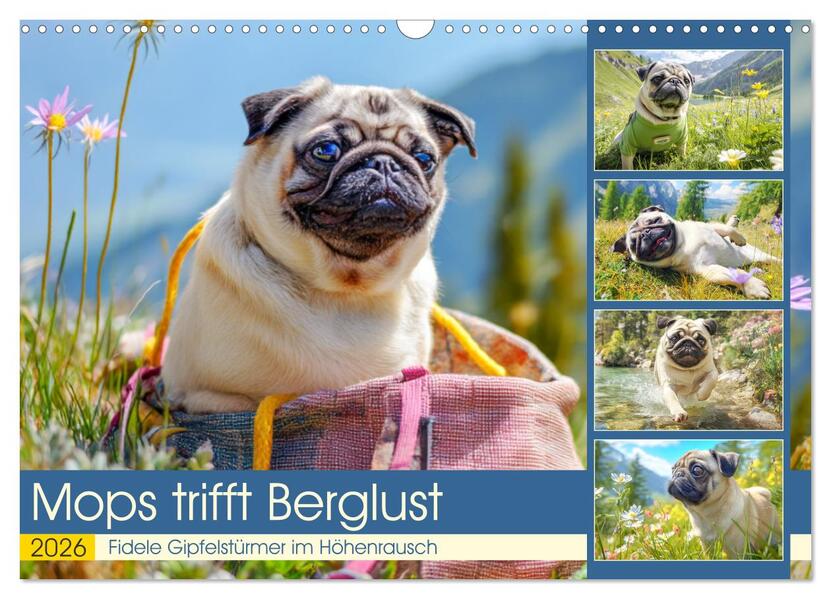 Mops trifft Berglust. Fidele Gipfelstürmer im Höhenrausch (Wandkalender 2026 DIN A3 quer) CALVENDO Monatskalender