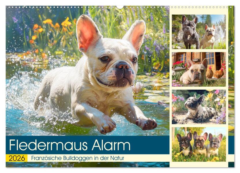 Fledermaus Alarm. Französiche Bulldoggen in der Natur (Wandkalender 2026 DIN A2 quer) CALVENDO Monatskalender