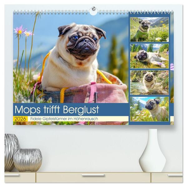Mops trifft Berglust. Fidele Gipfelstürmer im Höhenrausch (hochwertiger Premium Wandkalender 2026 DIN A2 quer) Kunstdruck in Hochglanz