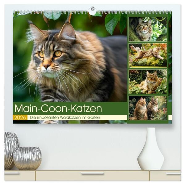 Main-Coon-Katzen. Die imposanten Waldkatzen im Garten (hochwertiger Premium Wandkalender 2026 DIN A2 quer) Kunstdruck in Hochglanz