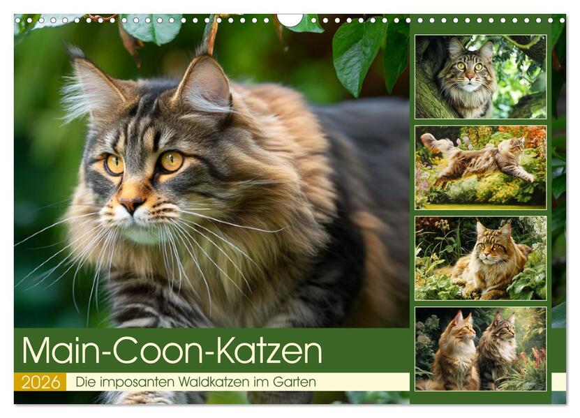 Main-Coon-Katzen. Die imposanten Waldkatzen im Garten (Wandkalender 2026 DIN A3 quer) CALVENDO Monatskalender