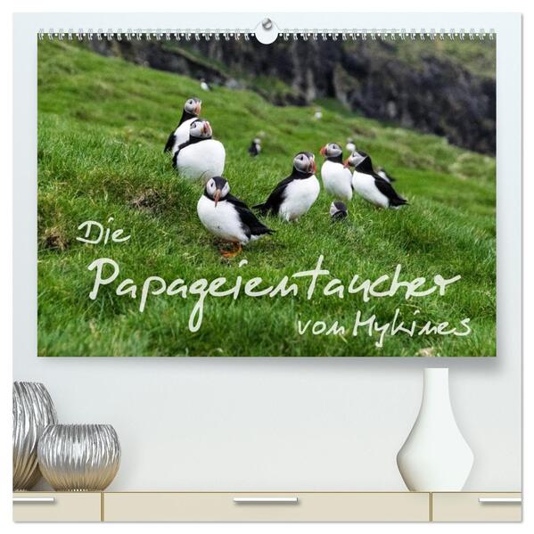 Die Papageientaucher von Mykines (hochwertiger Premium Wandkalender 2026 DIN A2 quer) Kunstdruck in Hochglanz