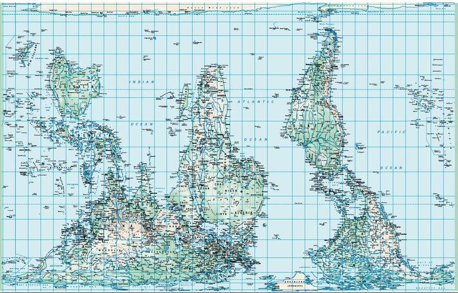 Physische Weltkarte Petersprojektion südorientiert und pazifikzentriert Englisch(130 x 82 cm)