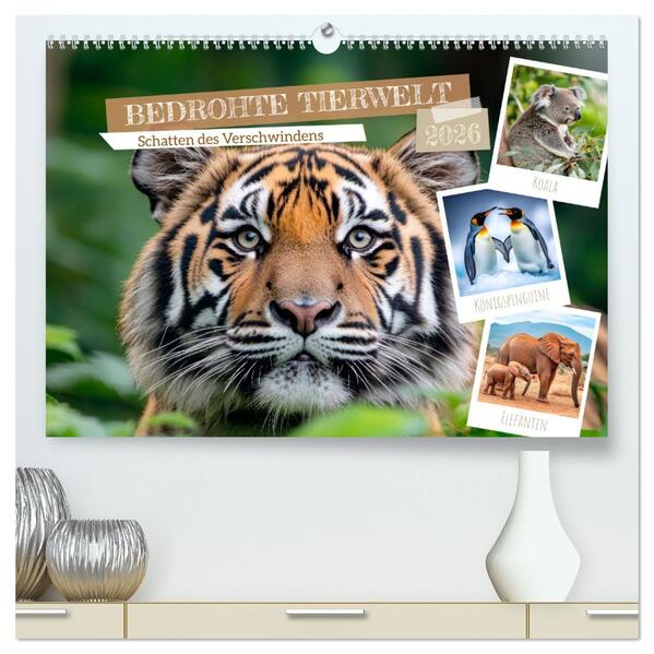 Bedrohte Tierwelt SCHATTEN DES VERSCHWINDENS (hochwertiger Premium Wandkalender 2026 DIN A2 quer) Kunstdruck in Hochglanz