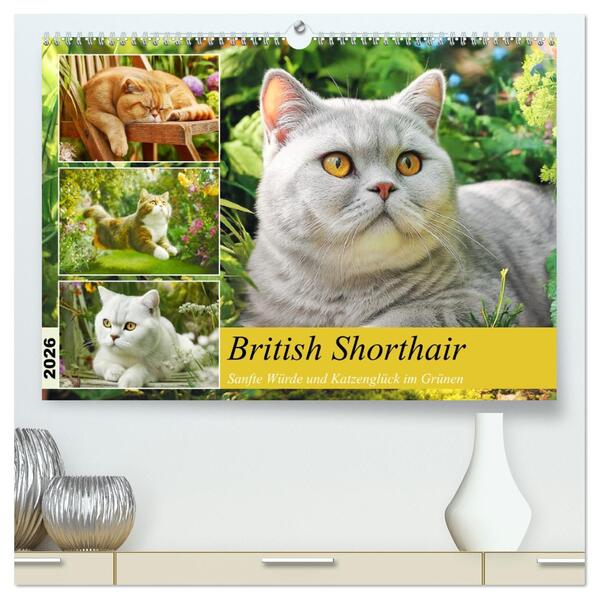 British Shorthair. Sanfte Würde und Katzenglück im Grünen (hochwertiger Premium Wandkalender 2026 DIN A2 quer) Kunstdruck in Hochglanz