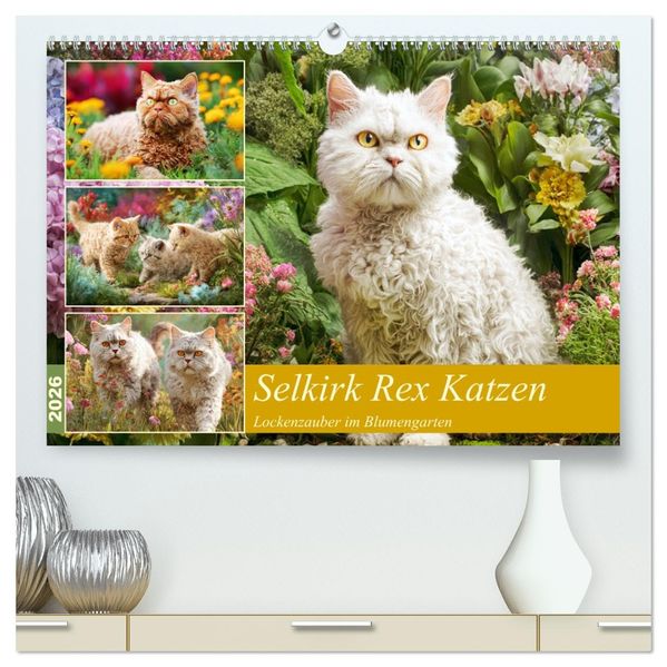 Selkirk Rex Katzen. Lockenzauber im Blumengarten (hochwertiger Premium Wandkalender 2026 DIN A2 quer) Kunstdruck in Hochglanz