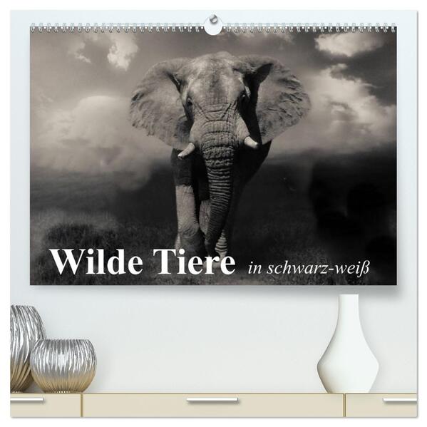 Wilde Tiere in schwarz-weiß (hochwertiger Premium Wandkalender 2026 DIN A2 quer) Kunstdruck in Hochglanz