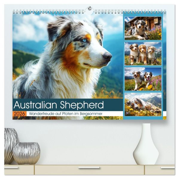 Australian Shepherd. Wanderfreude auf Pfoten im Bergsommer (hochwertiger Premium Wandkalender 2026 DIN A2 quer) Kunstdruck in Hochglanz