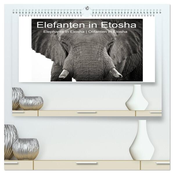 Elefanten in Etosha (hochwertiger Premium Wandkalender 2026 DIN A2 quer) Kunstdruck in Hochglanz