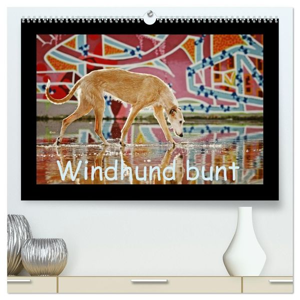 Windhund bunt (hochwertiger Premium Wandkalender 2026 DIN A2 quer) Kunstdruck in Hochglanz