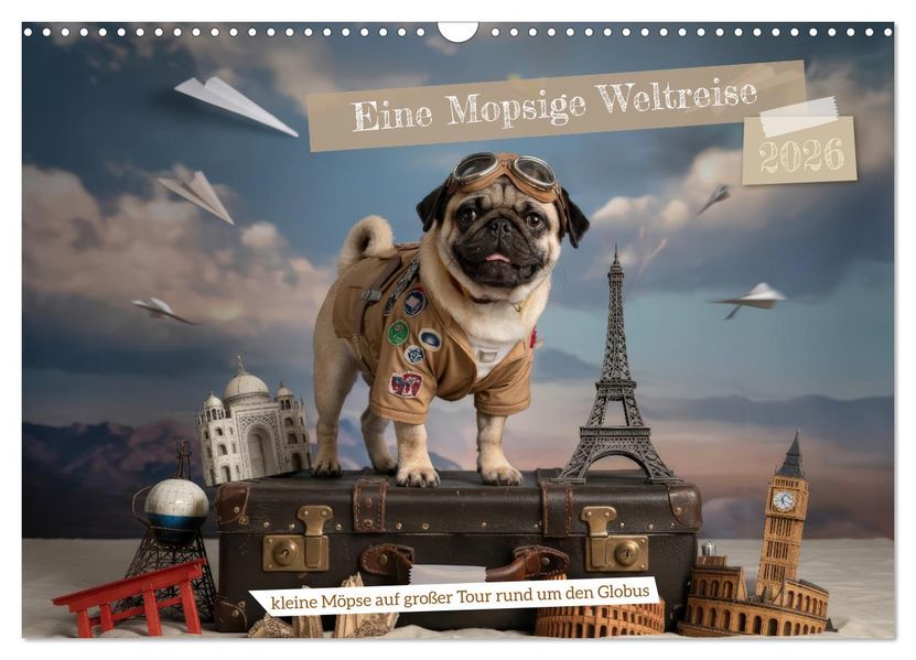 Eine Mopsige Weltreise (Wandkalender 2026 DIN A3 quer) CALVENDO Monatskalender