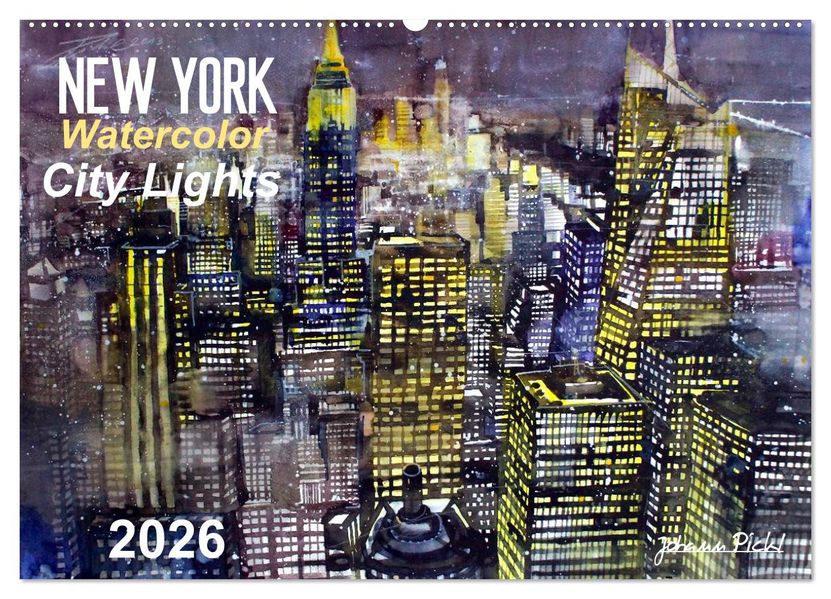 New York Watercolor Citylights (Wandkalender 2026 DIN A2 quer) CALVENDO Monatskalender