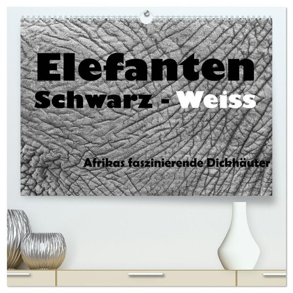 Elefanten Schwarz - Weiss (hochwertiger Premium Wandkalender 2026 DIN A2 quer) Kunstdruck in Hochglanz