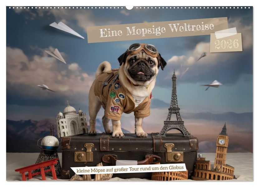 Eine Mopsige Weltreise (Wandkalender 2026 DIN A2 quer) CALVENDO Monatskalender