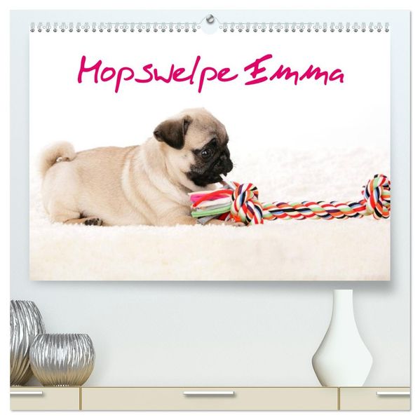 Mopswelpe Emma (hochwertiger Premium Wandkalender 2026 DIN A2 quer) Kunstdruck in Hochglanz