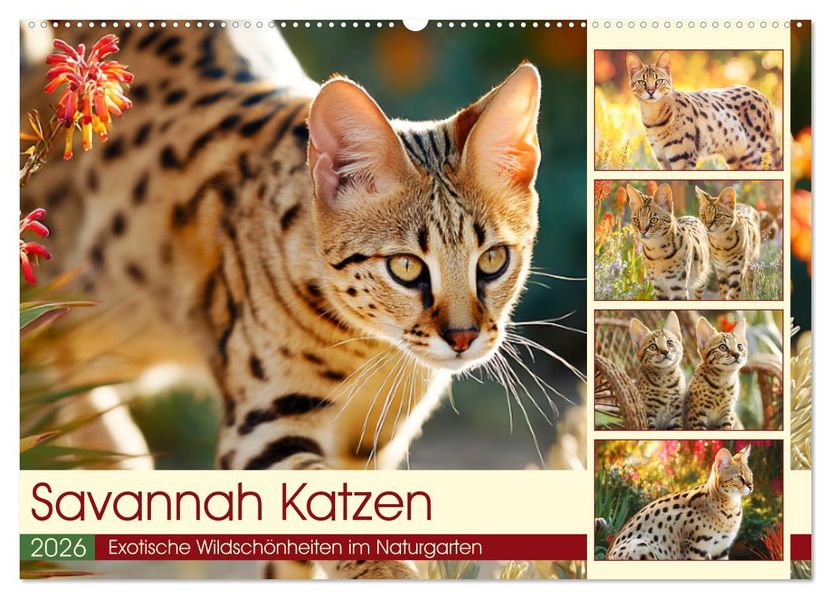Savannah Katzen. Exotische Wildschönheiten im Naturgarten (Wandkalender 2026 DIN A2 quer) CALVENDO Monatskalender