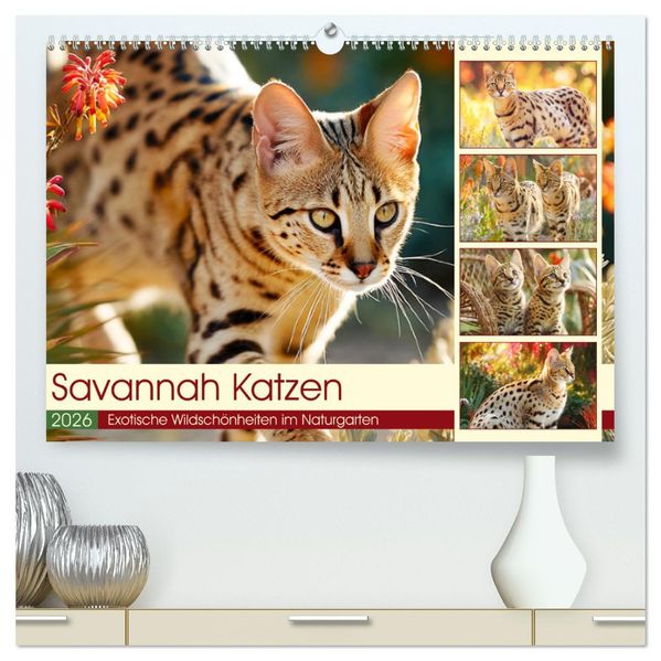Savannah Katzen. Exotische Wildschönheiten im Naturgarten (hochwertiger Premium Wandkalender 2026 DIN A2 quer) Kunstdruck in Hochglanz