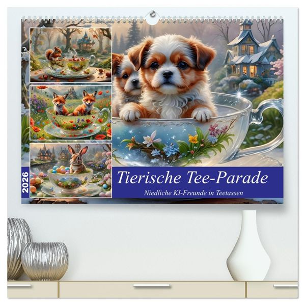 Tierische Tee-Parade (hochwertiger Premium Wandkalender 2026 DIN A2 quer) Kunstdruck in Hochglanz