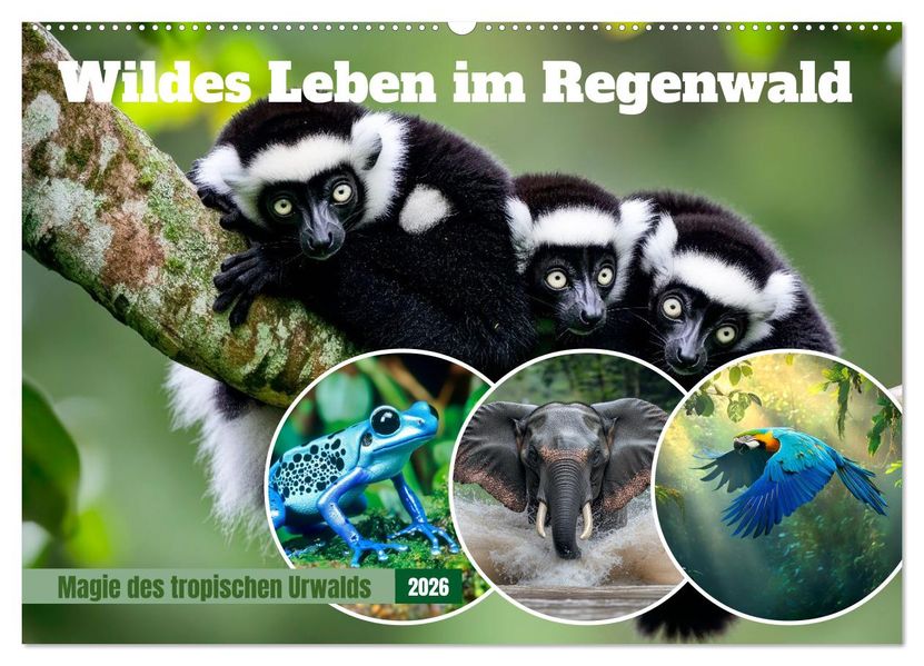 Wildes Leben im Regenwald (Wandkalender 2026 DIN A2 quer) CALVENDO Monatskalender