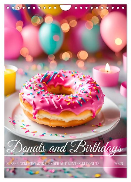 Donuts and Birthdays süßer Geburtstagskalender mit bunte KI Donuts (Wandkalender 2026 DIN A4 hoch) CALVENDO Monatskalender
